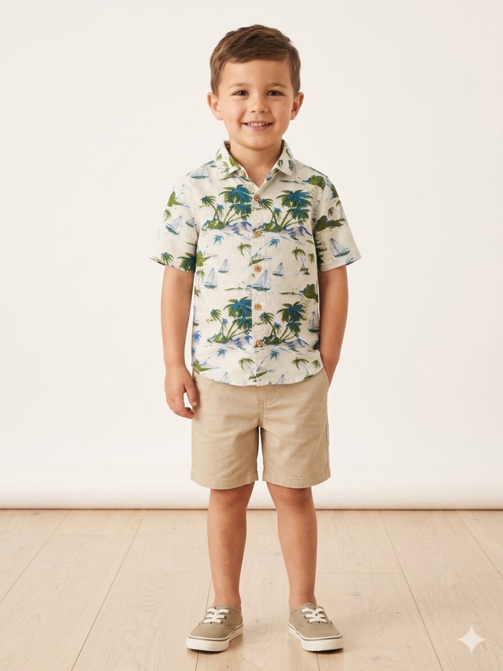 Next Kids Boys Tropical Sailboat Hawaiian Button Down Shirt Size 3-4Y EUC